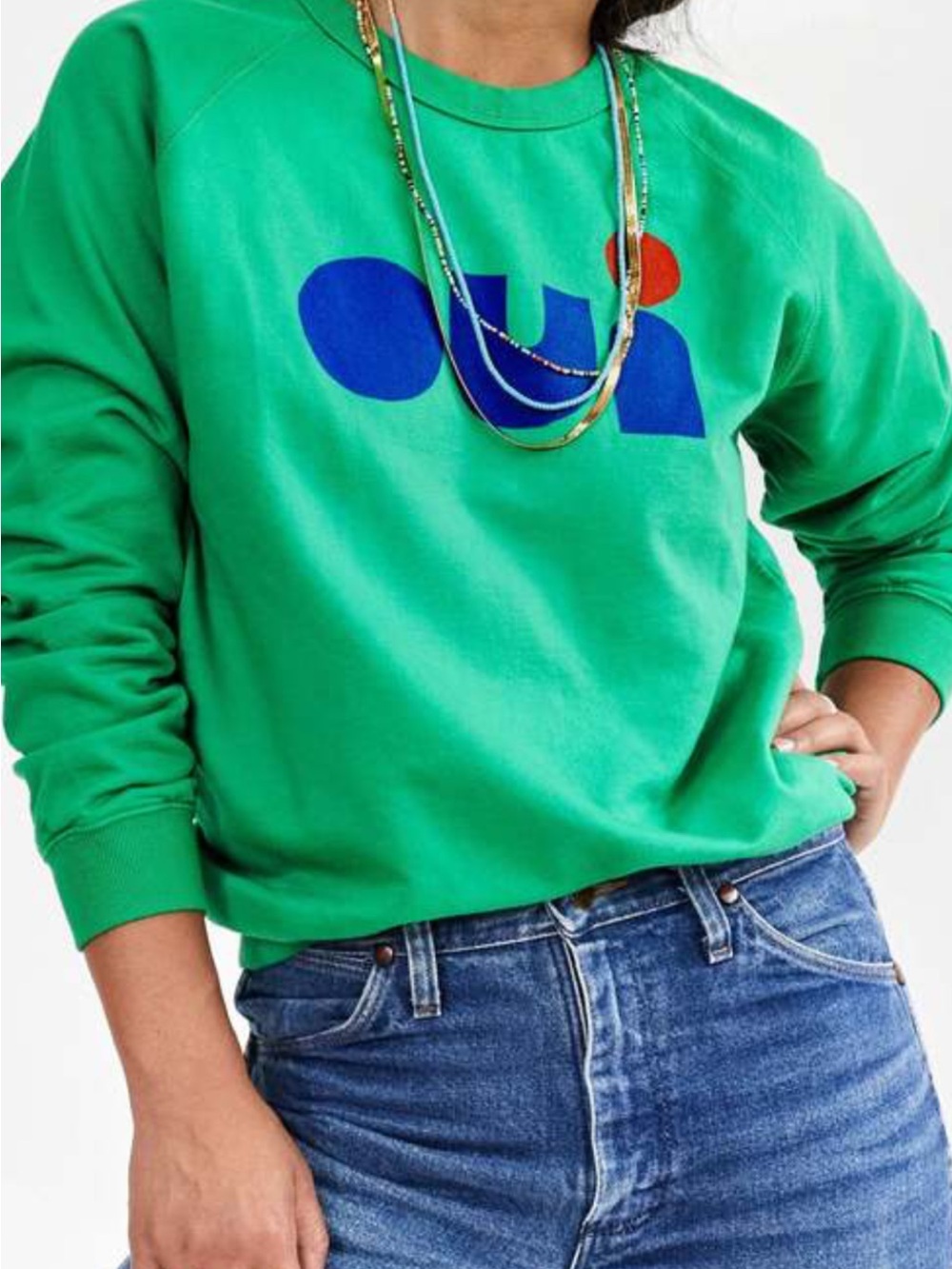 Clare V Green Crewneck with Blue and Orange Logo Accent